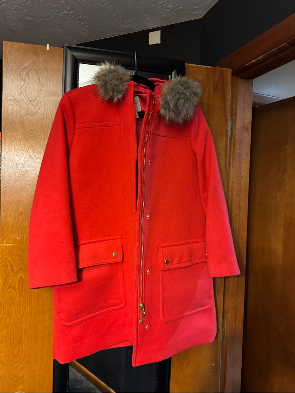 J. Crew Red Wool-Blend Pea Coat with Faux Fur Trim - Picture 4 of 7